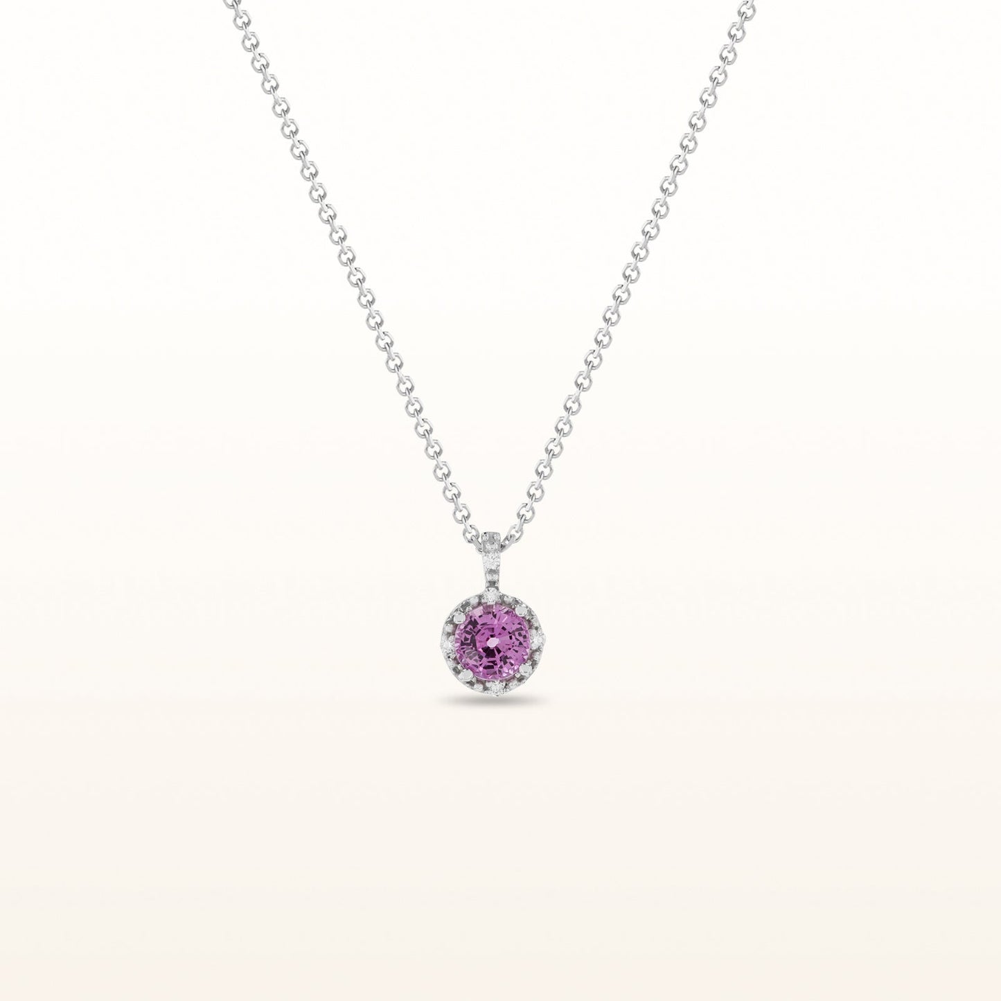 Round Pink Sapphire and Diamond Halo Pendant in 14kt White Gold