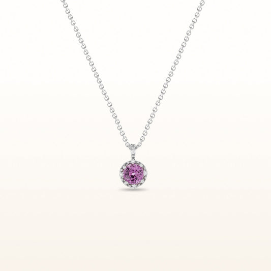 Round Pink Sapphire and Diamond Halo Pendant in 14kt White Gold