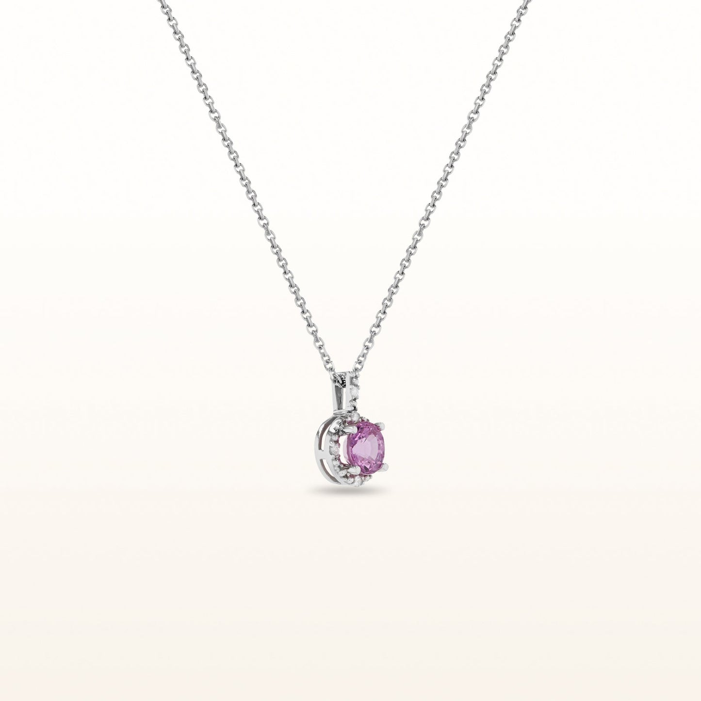 Round Pink Sapphire and Diamond Halo Pendant in 14kt White Gold