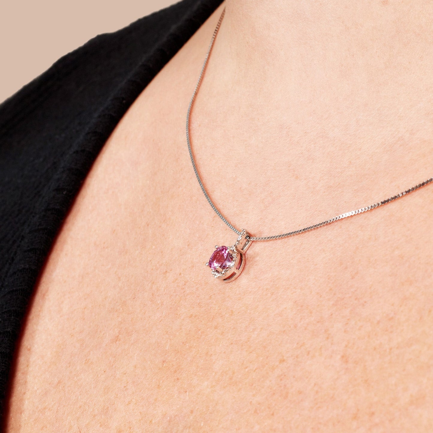 Round Pink Sapphire and Diamond Halo Pendant in 14kt White Gold