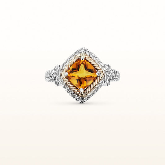 Cushion Cut Citrine Rope Style Ring in Sterling Silver with 14kt Yellow Gold Accents