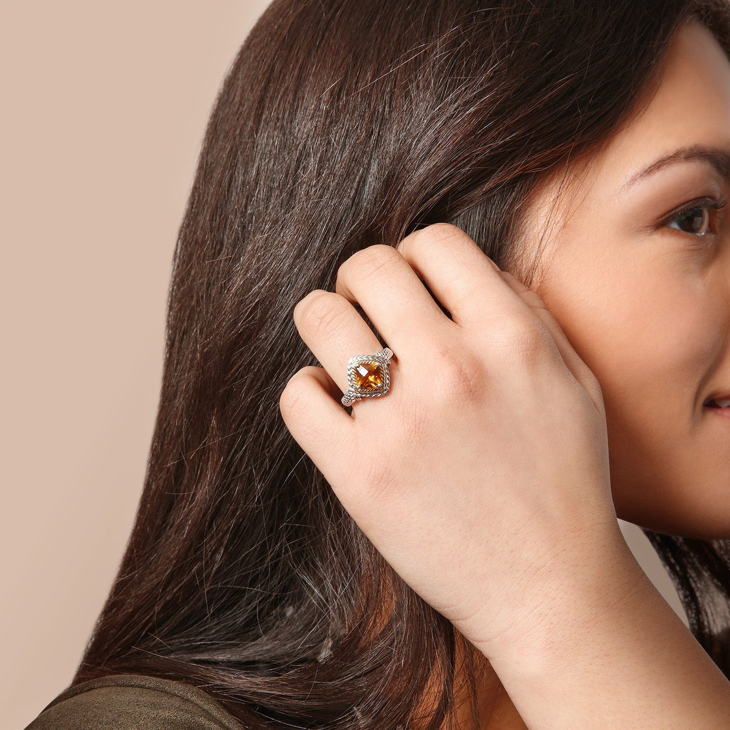 Cushion Cut Citrine Rope Style Ring in Sterling Silver with 14kt Yellow Gold Accents