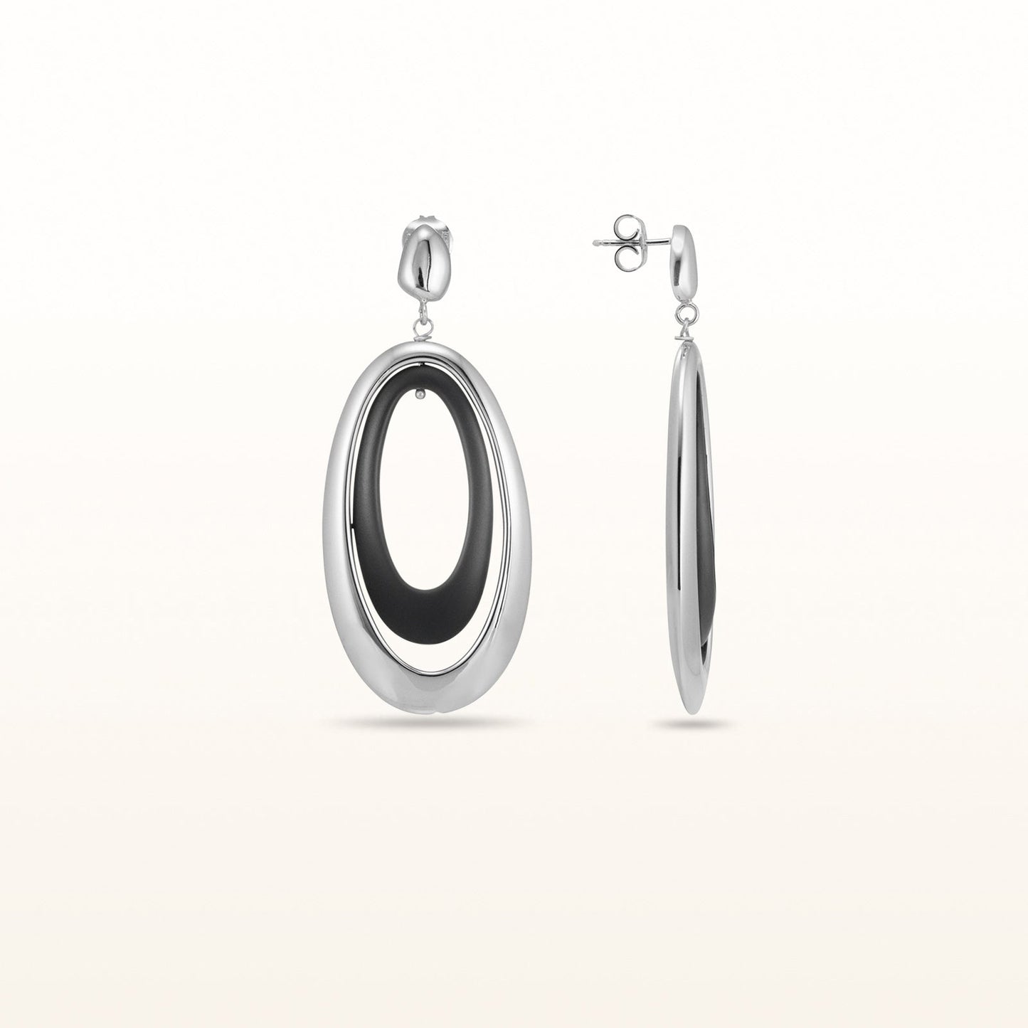 925 Sterling Silver and Rubber Double Oval Elongated Earrings