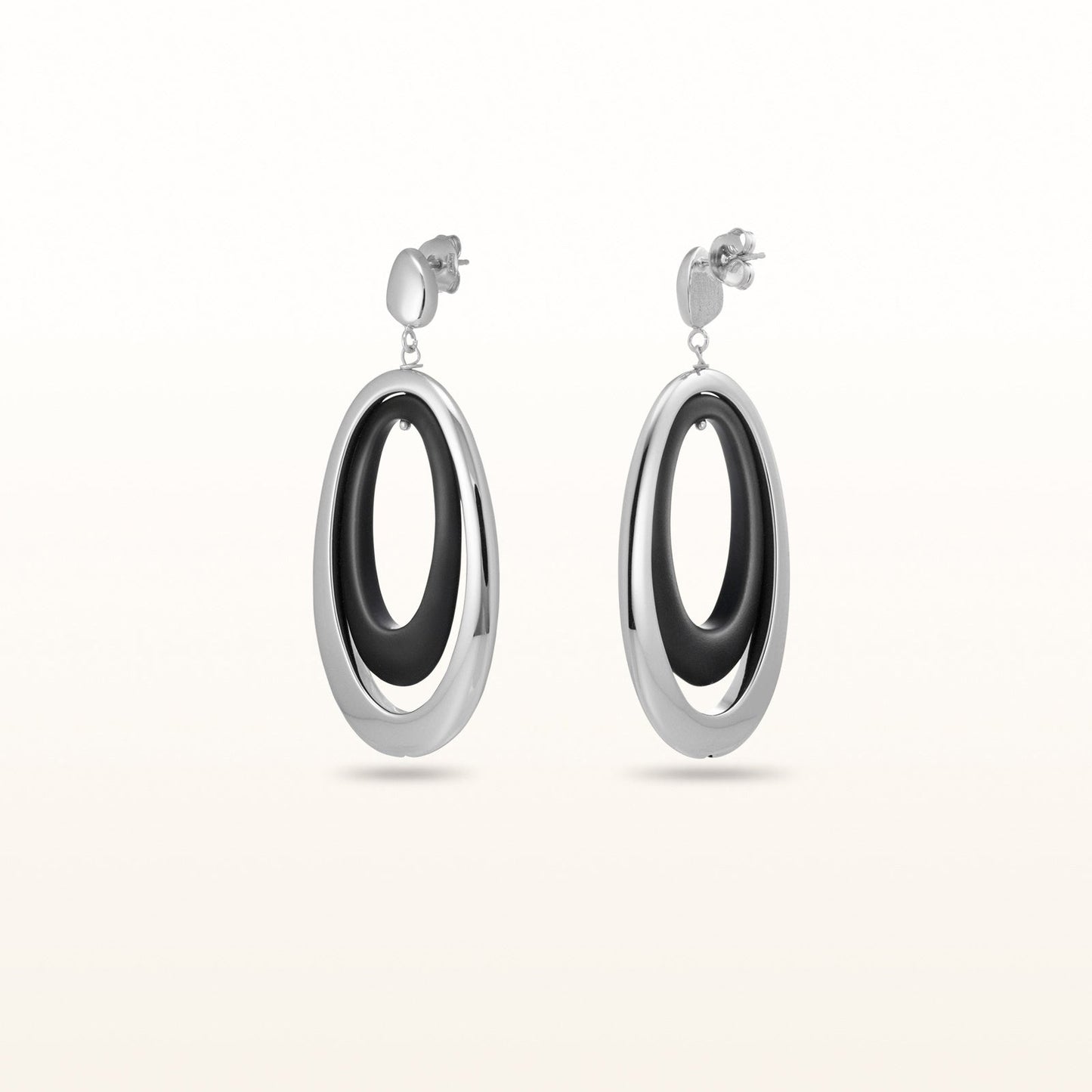 925 Sterling Silver and Rubber Double Oval Elongated Earrings