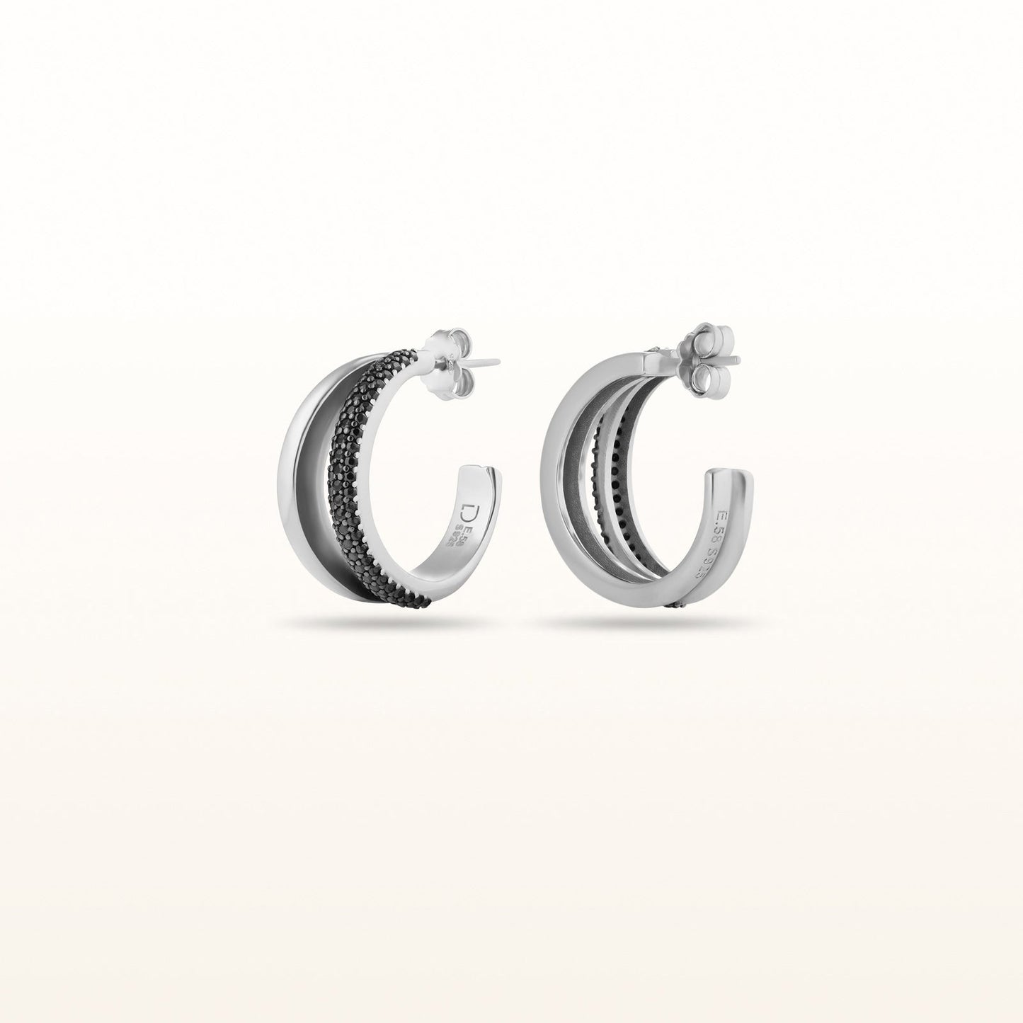 Black Spinel Pave Hoop Earrings in 925 Sterling Silver