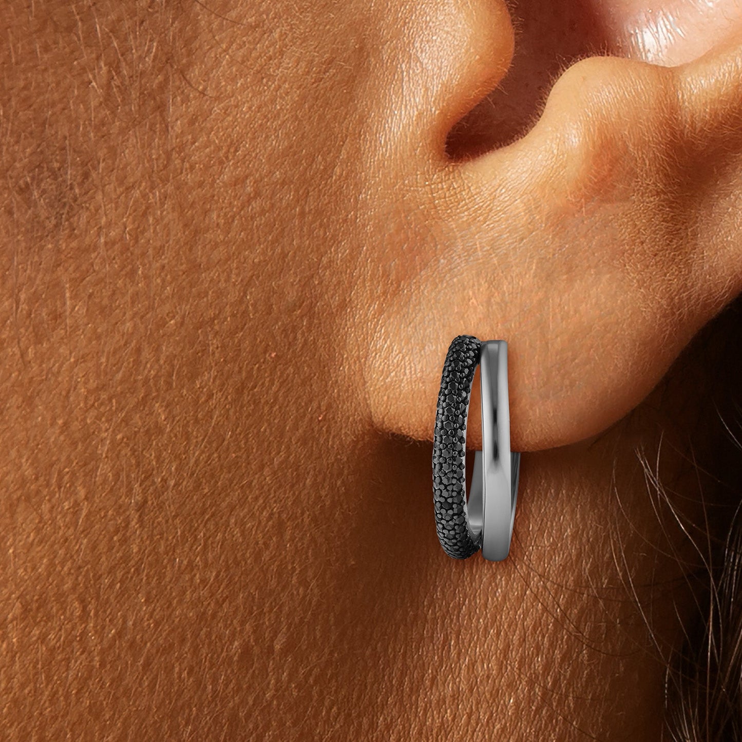 Black Spinel Pave Hoop Earrings in 925 Sterling Silver