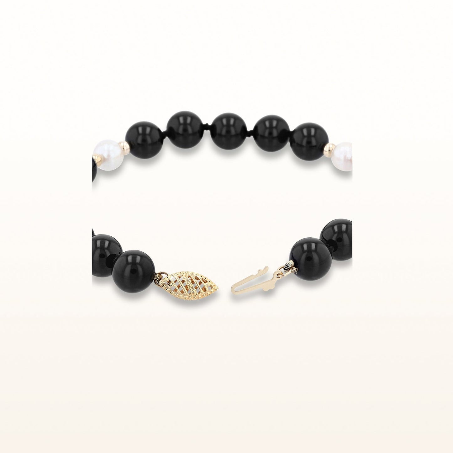 Black Onyx Bead and Pearl Bracelet in 14kt Yellow Gold