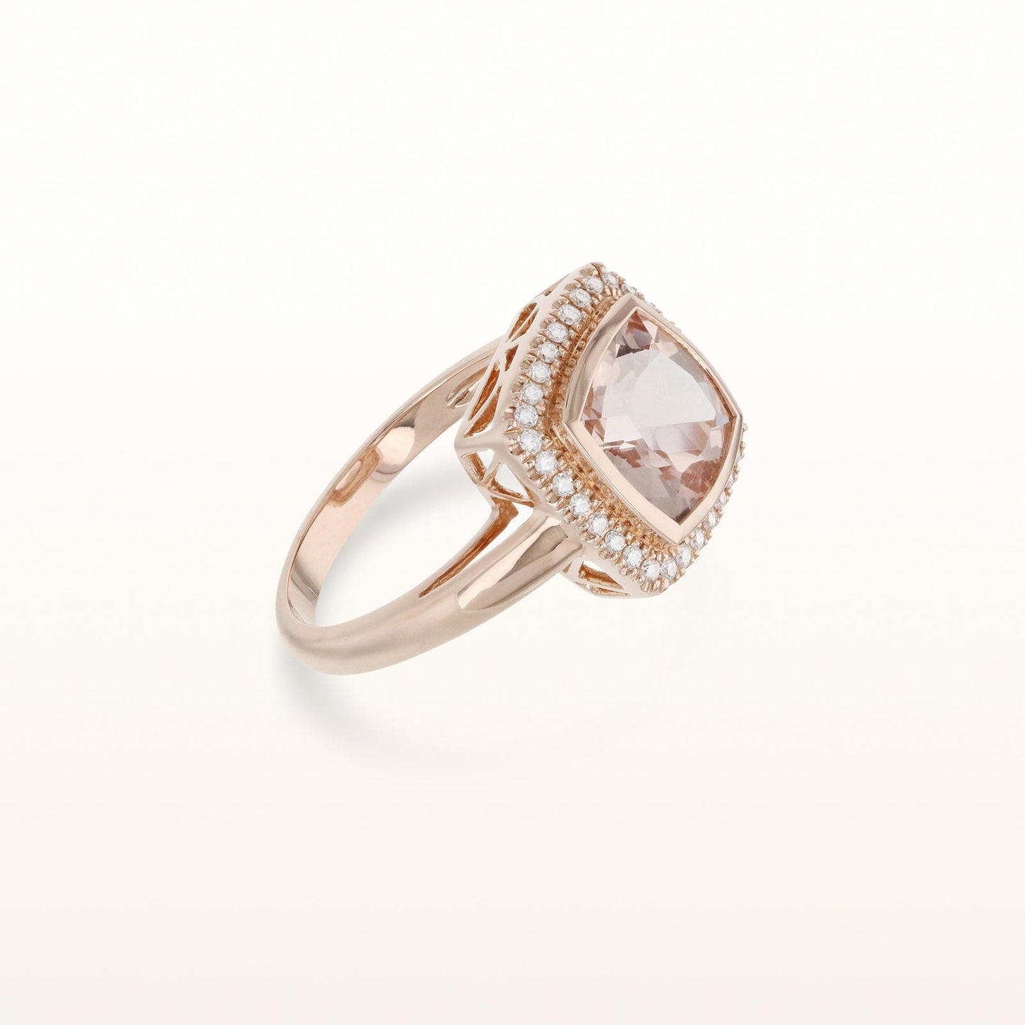 Cushion Cut Morganite Diamond Halo Ring in 14kt Rose Gold