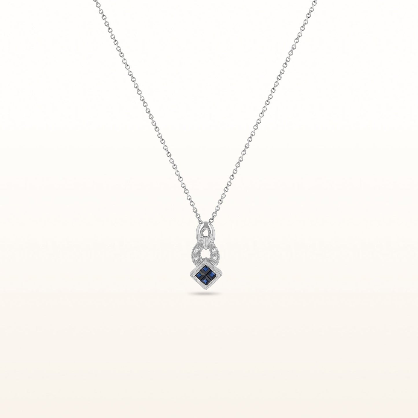 Square Blue Sapphire and Diamond Pendant in 14kt White Gold