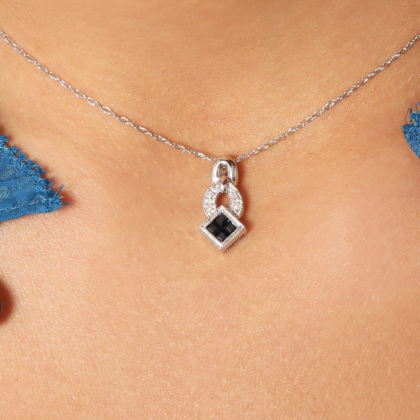 Square Blue Sapphire and Diamond Pendant in 14kt White Gold