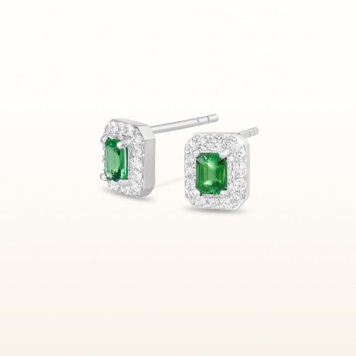 Emerald Cut Tsavorite Garnet and Diamond Halo Stud Earrings in 14kt White Gold