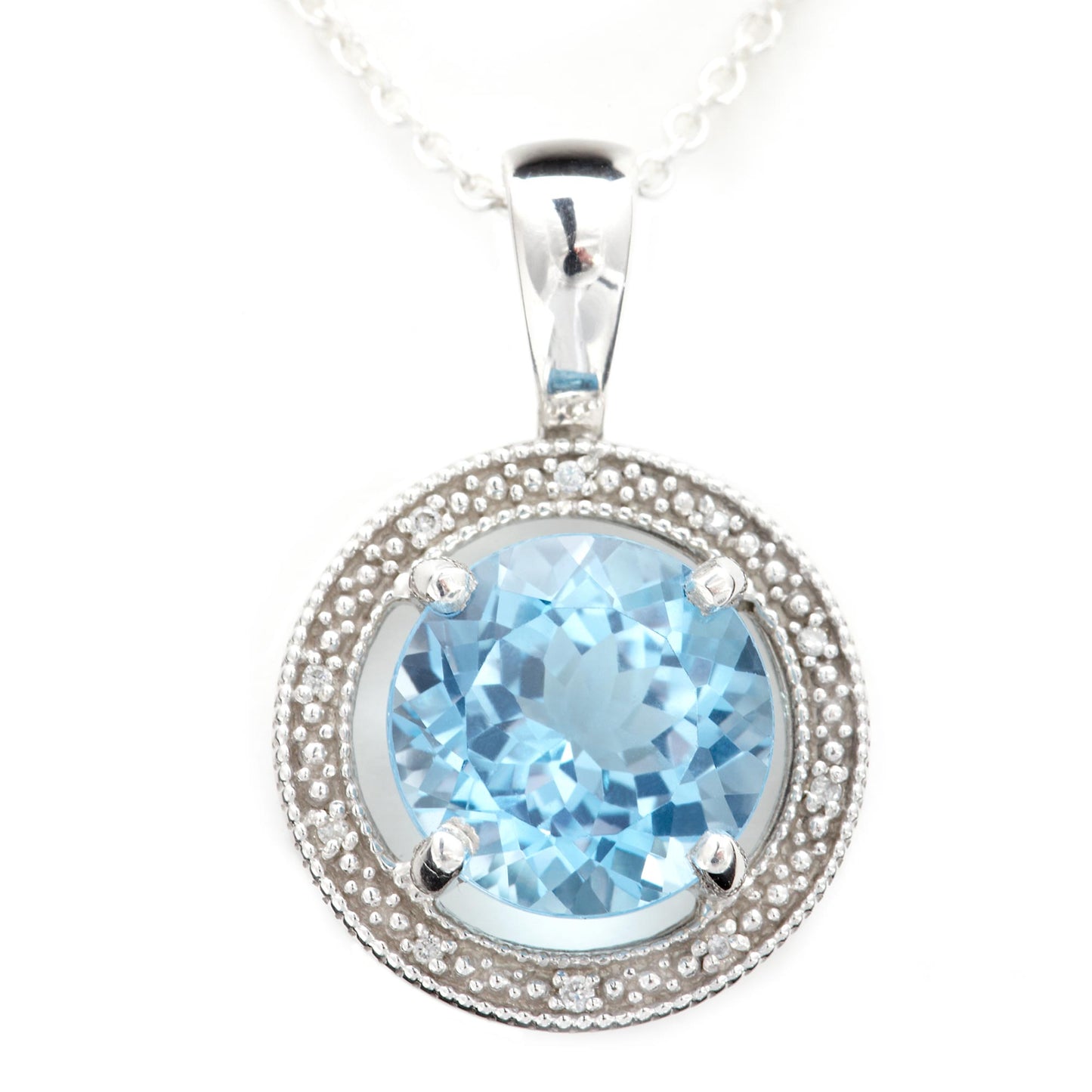 Round Blue Topaz and Diamond Halo Pendant in 925 Sterling Silver