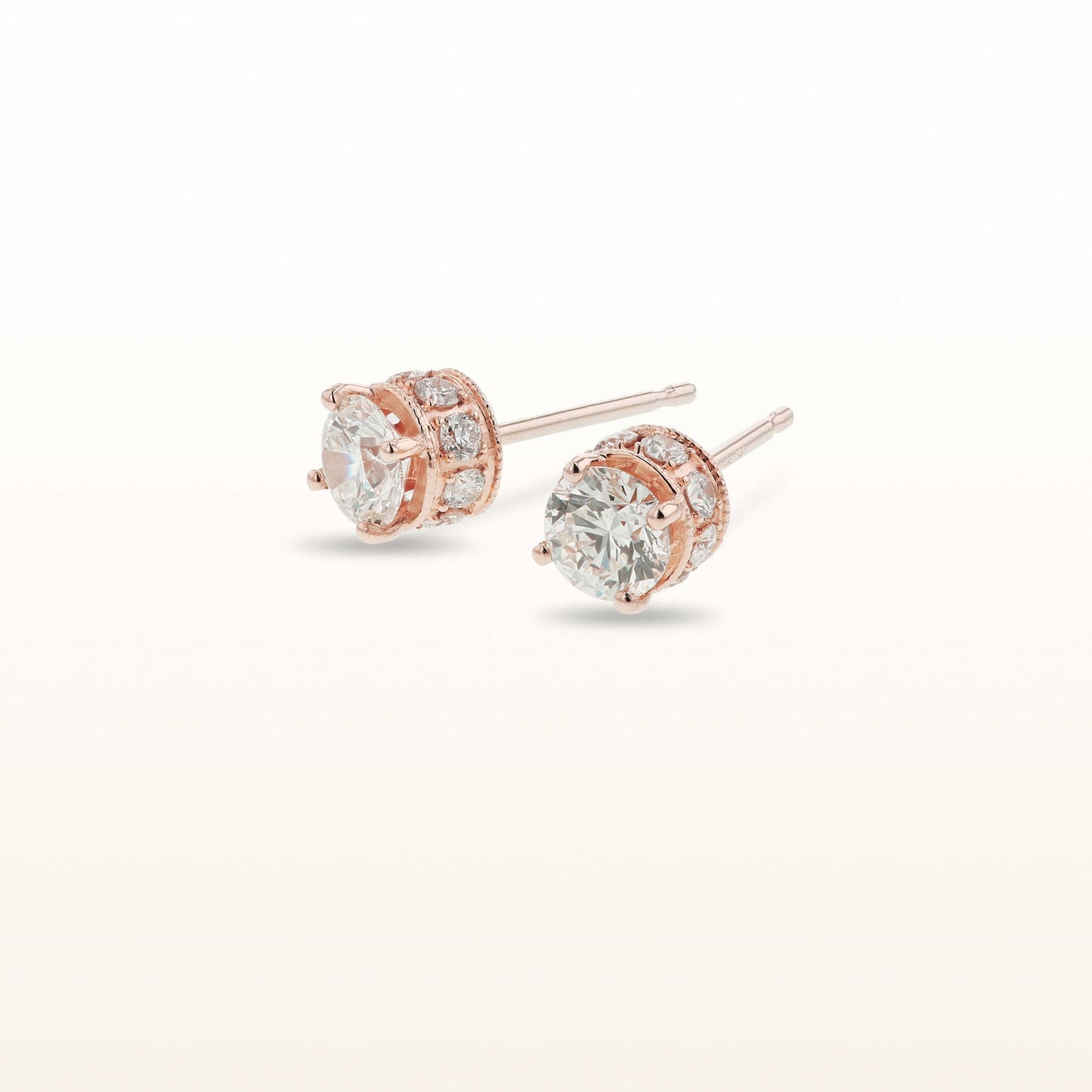 Round Diamond Crown Stud Earrings in 14kt Rose Gold