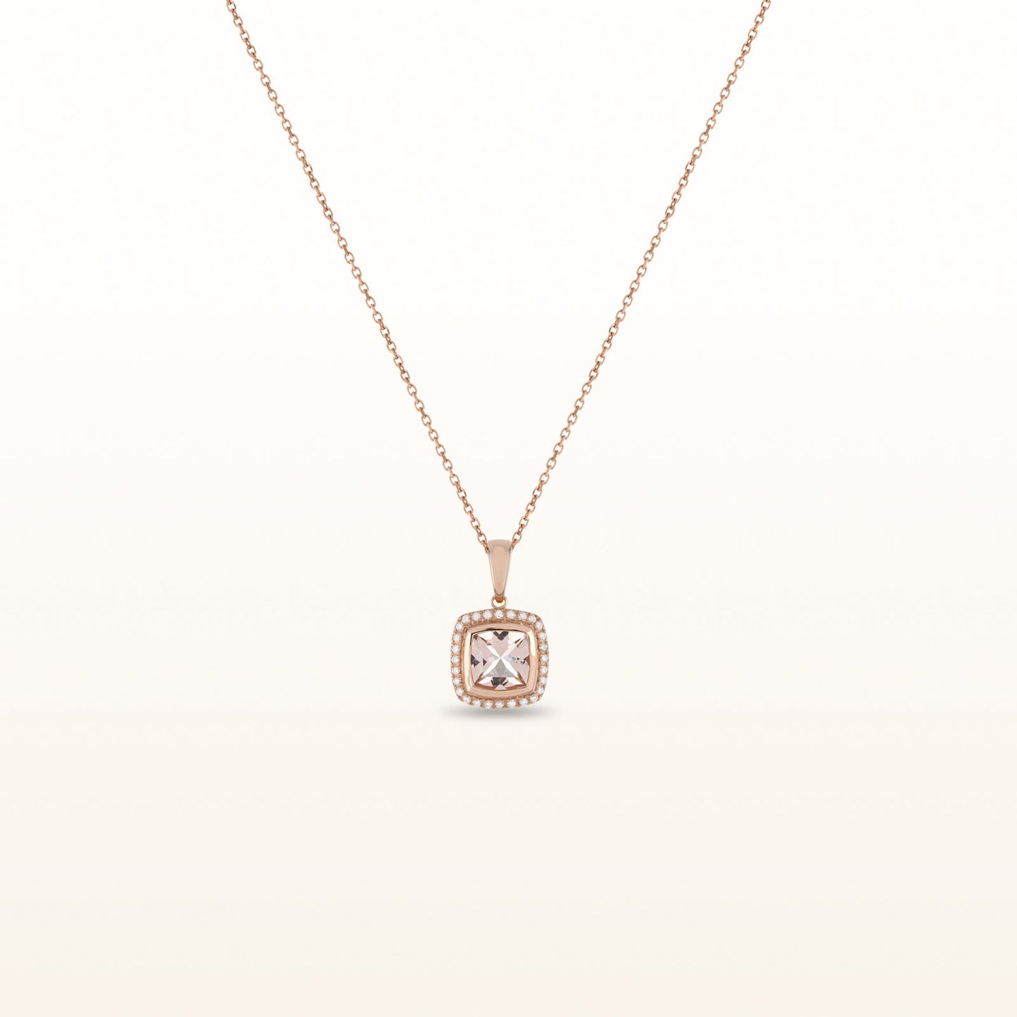 Cushion Cut Morganite Pendant with Diamond Halo in 14kt Rose Gold