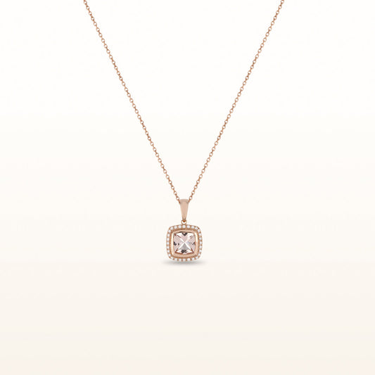 Cushion Cut Morganite Pendant with Diamond Halo in 14kt Rose Gold