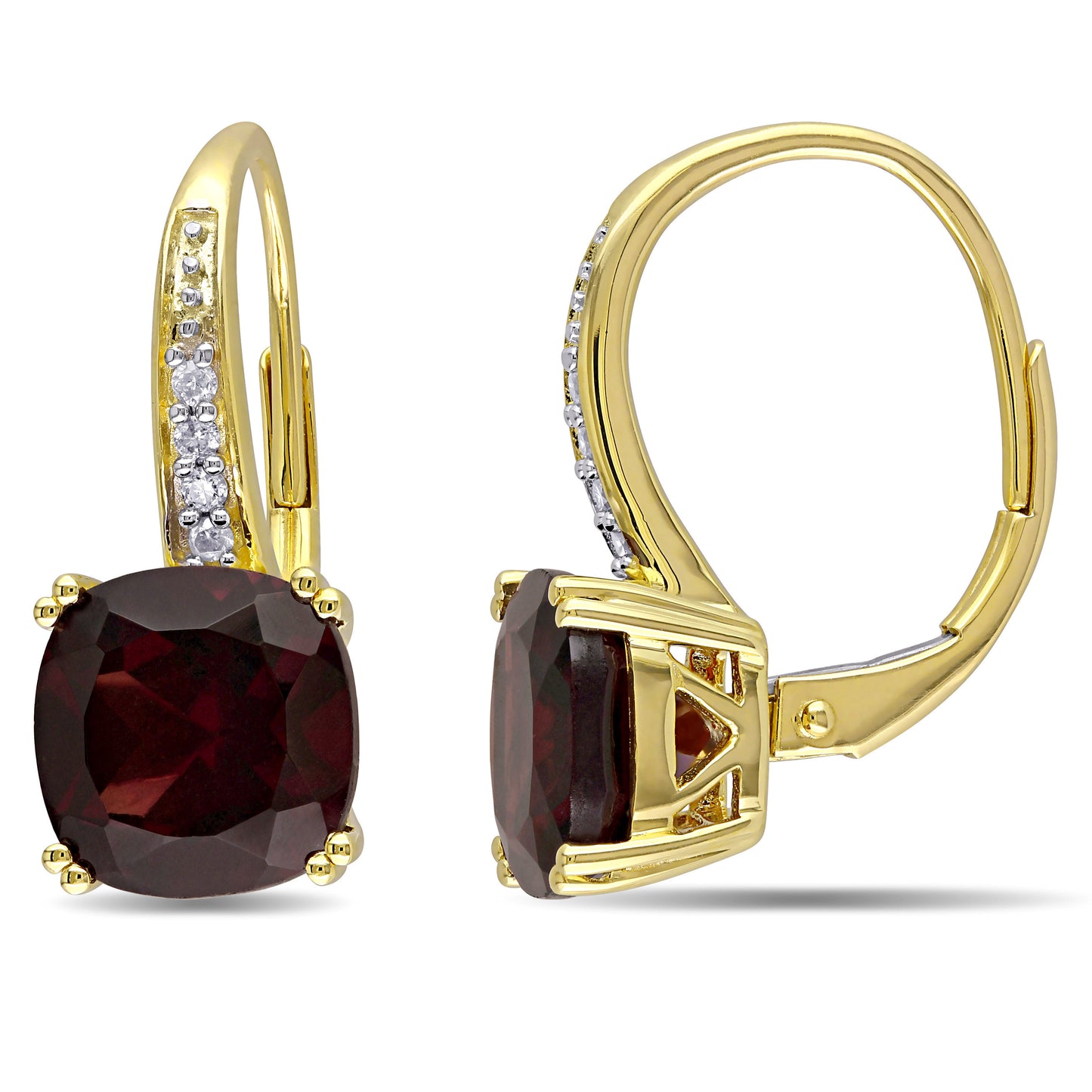 Cushion Cut Garnet & Diamond Earrings in 10k Yellow Gold