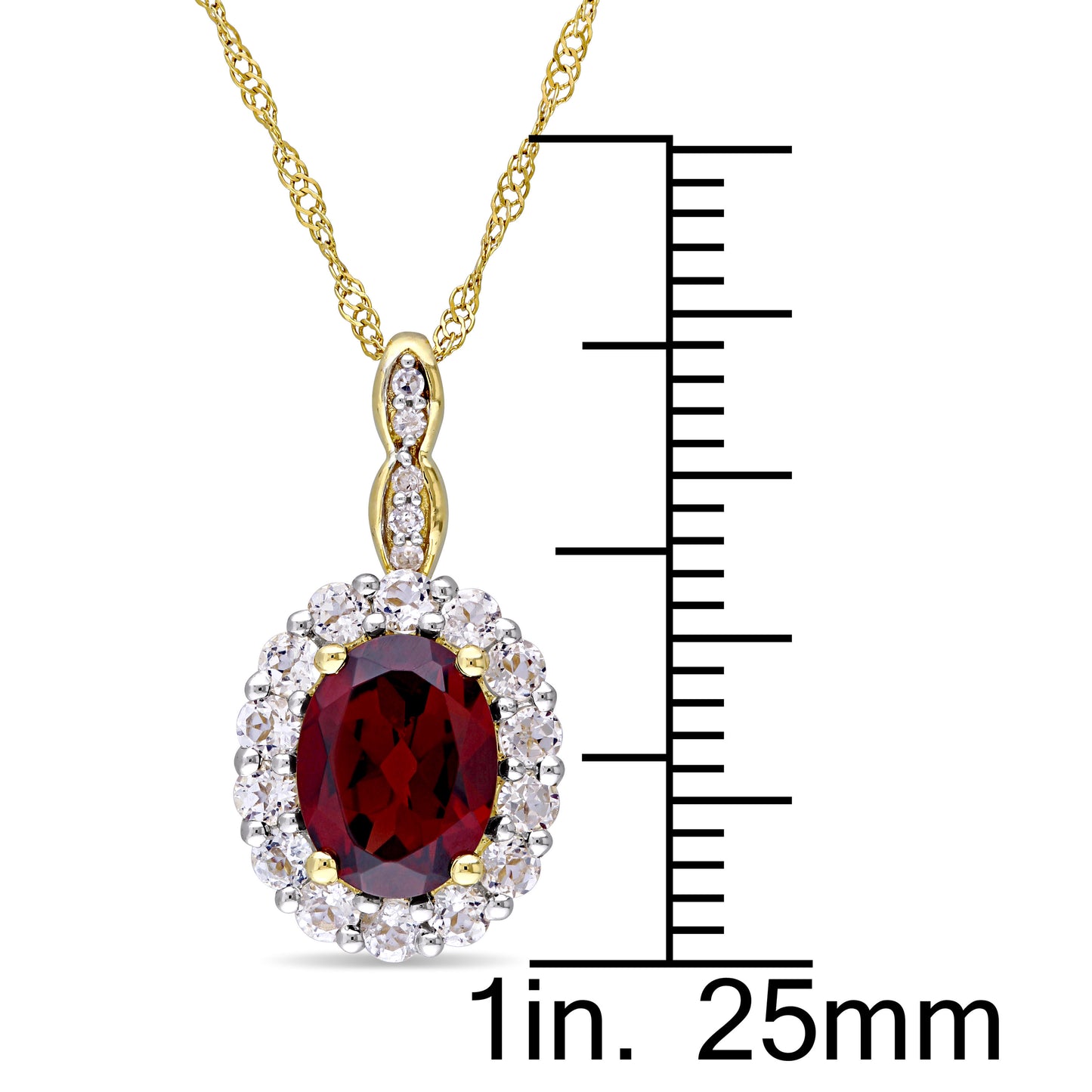 Garnet, White Topaz & Diamond Oval Cut Necklace in 14k Yellow Gold