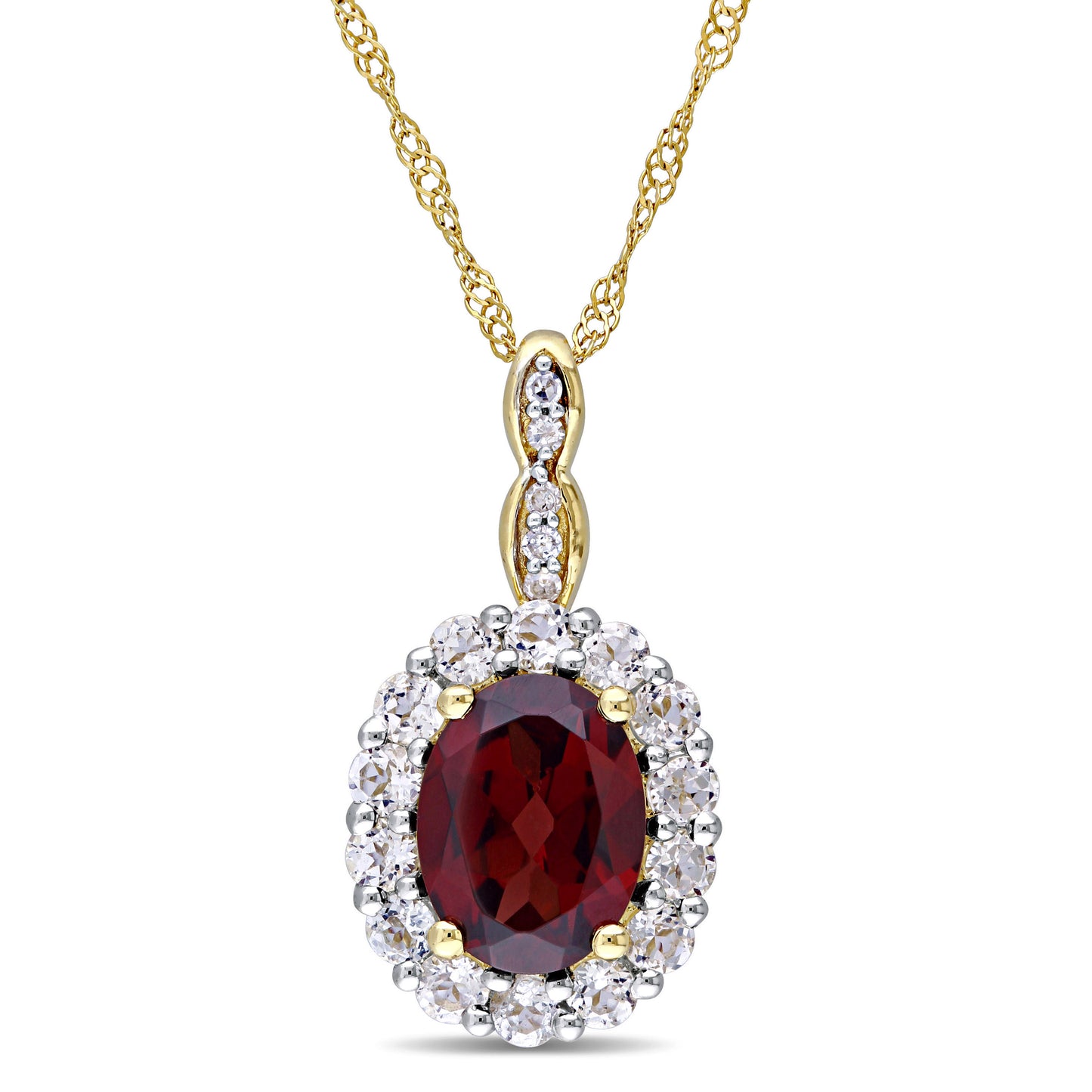 Garnet, White Topaz & Diamond Oval Cut Necklace in 14k Yellow Gold