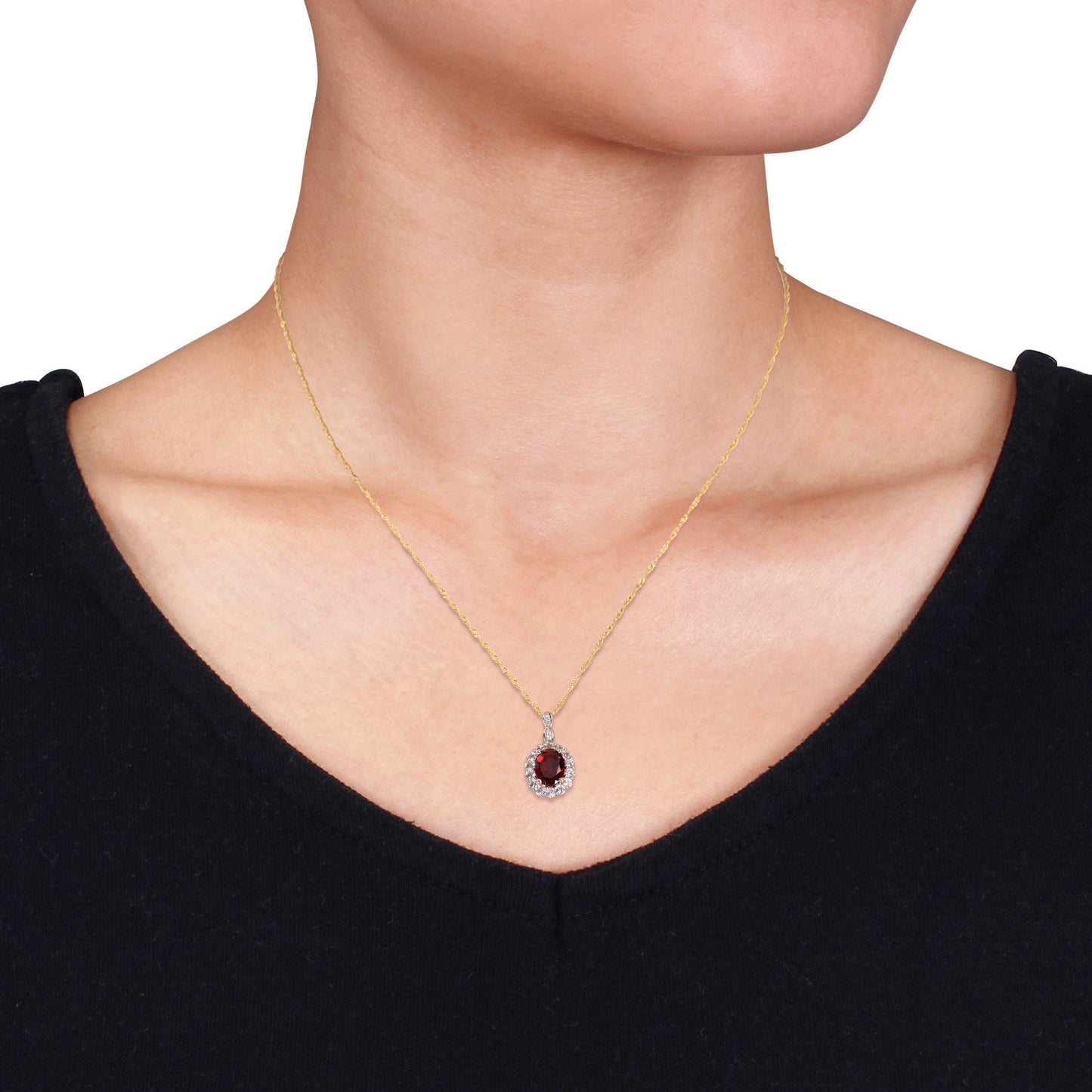 Garnet, White Topaz & Diamond Oval Cut Necklace in 14k Yellow Gold