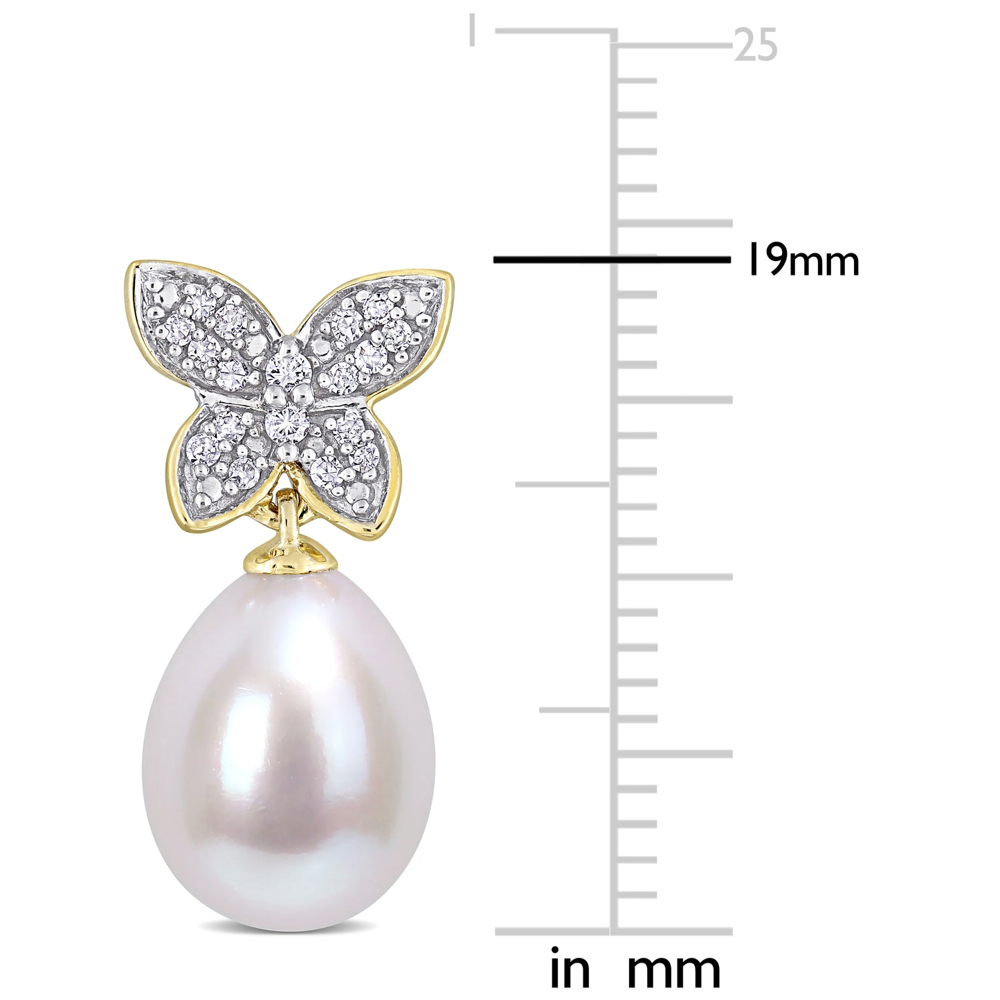 Pearl & Diamond Butterfly Drop Earrings in 10k Yellow Gold