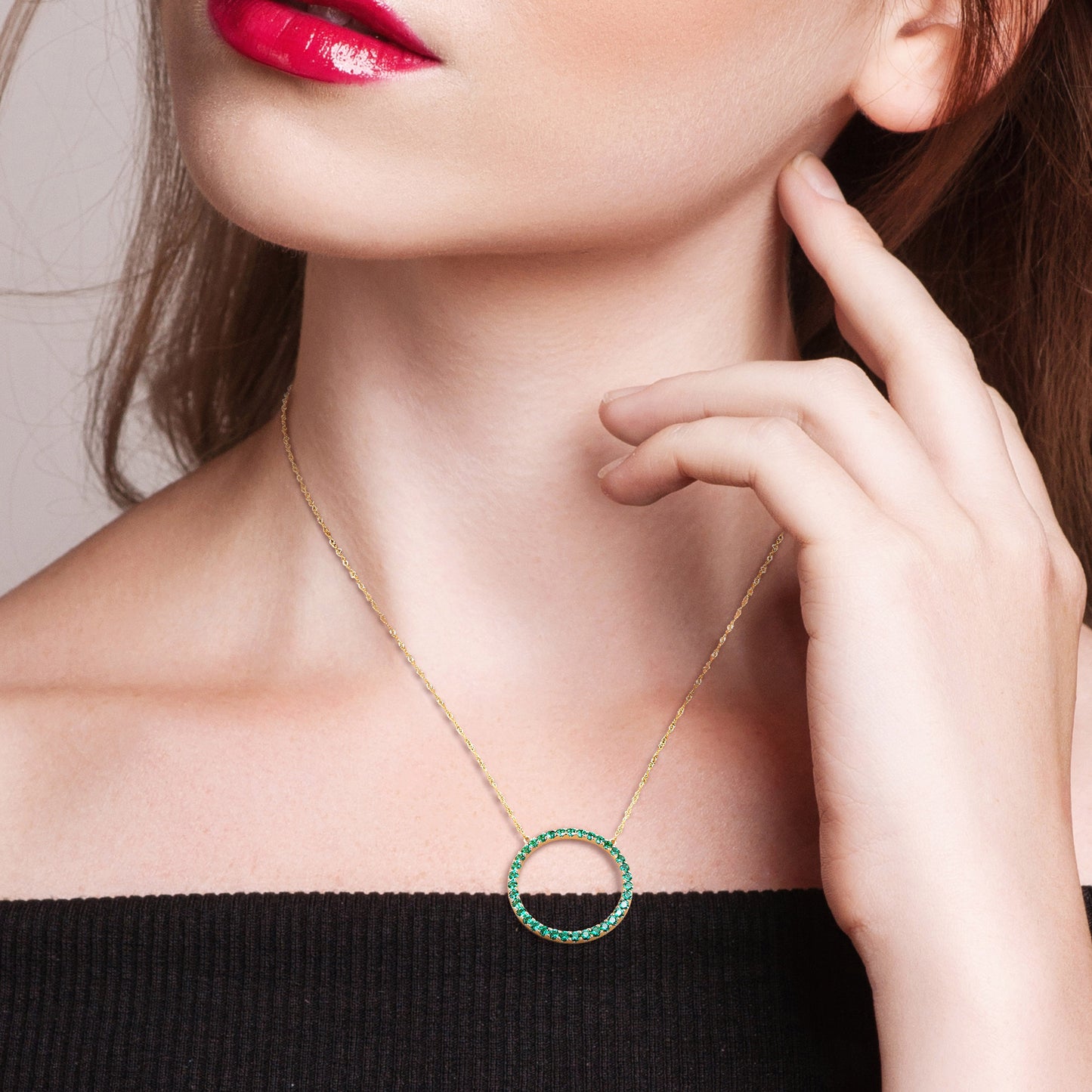 Open Circle Created Emerald Pendant in 10k Yellow Gold