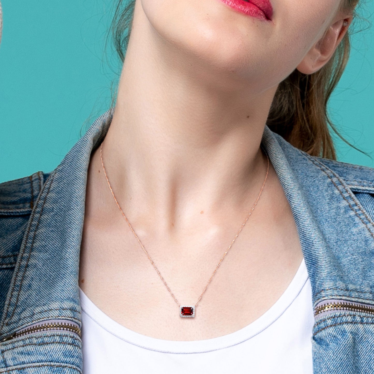 Octagon Garnet & Diamond Halo Necklace in 10k Rose Gold