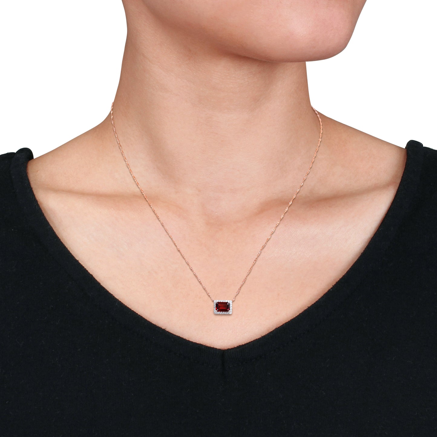 Octagon Garnet & Diamond Halo Necklace in 10k Rose Gold