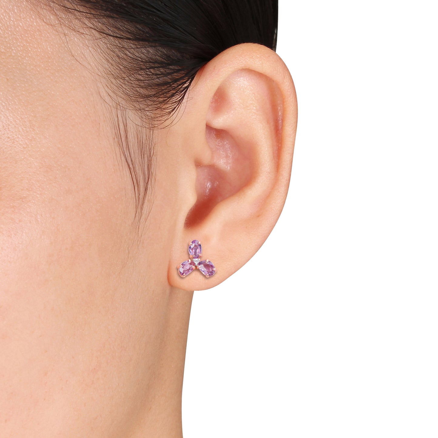 Purple Sapphire & Diamond 3-Stone Studs in 14k Rose Gold