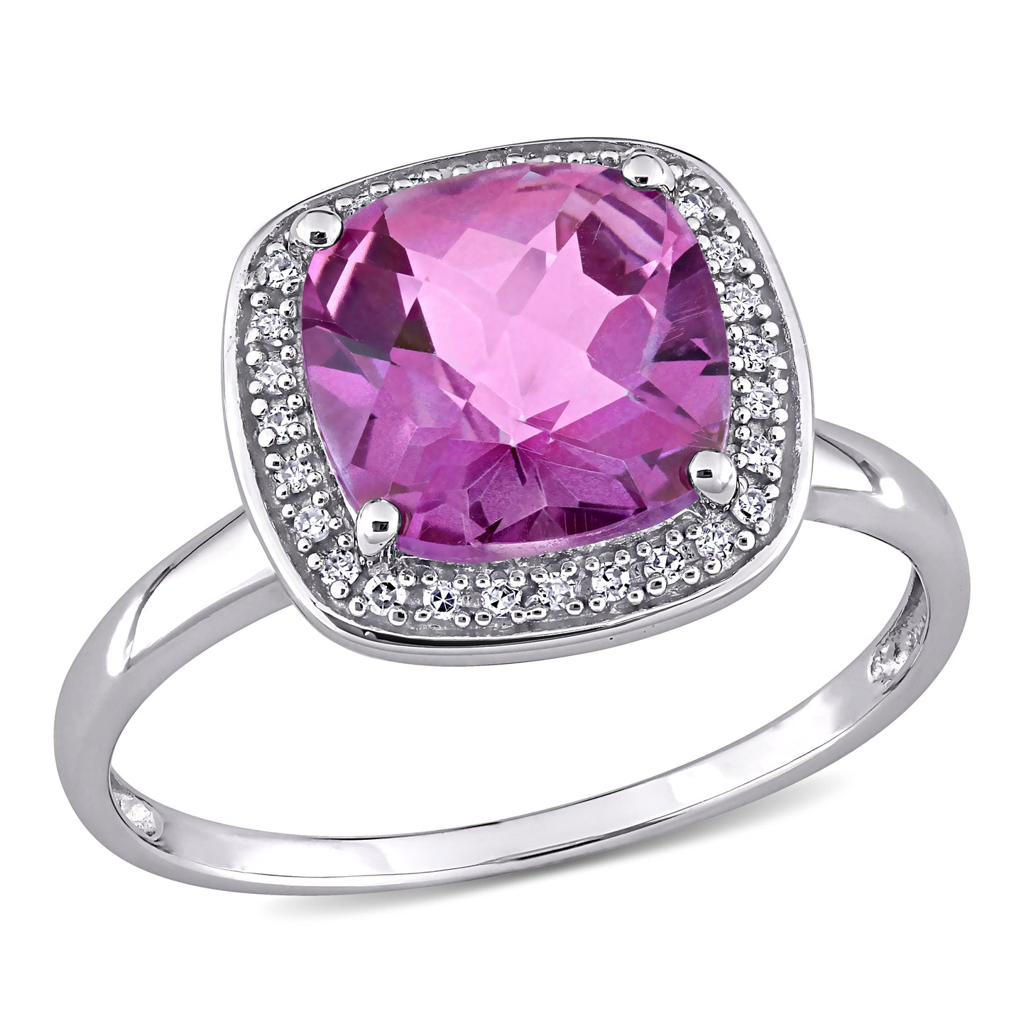 Cushion Cut Pink Topaz & Diamond Halo Ring in 10k White Gold